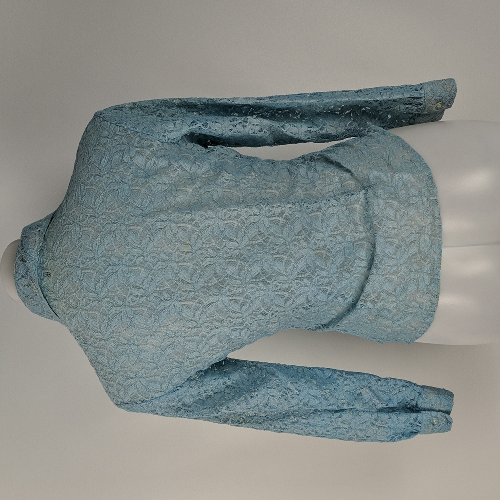 St Mario Women's Top Size Medium Blue Sheer Lace Long Sleeve Button Front Collar - Picture 4 of 13
